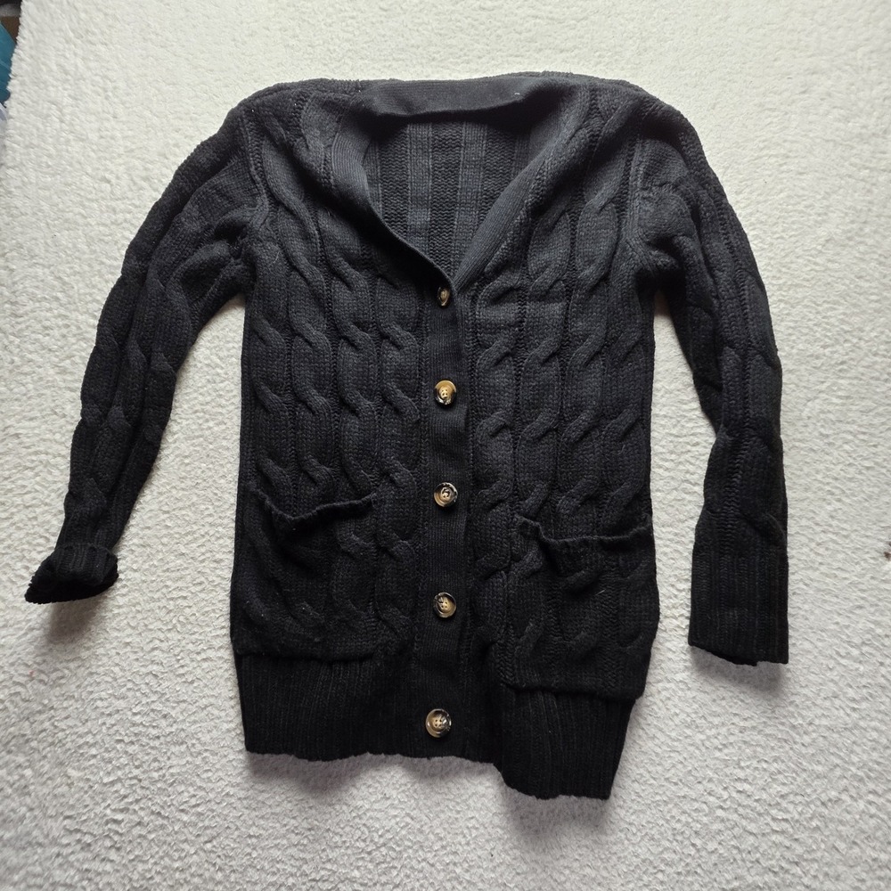 Cardigan Sweater Womens Medium Black V Neck Cable Knit Button Front Pockets